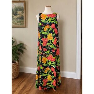 Tropical Floral Sleeveless Wrap Maxi Dress Black Orange Green Resort